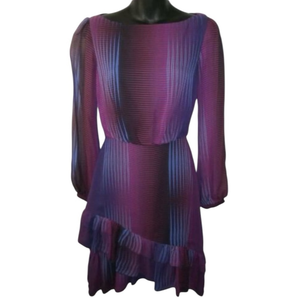 SALONI Blue Purple‎ Pink Mini Dress Size 4 100% Silk Lined Striped Long Sleeve